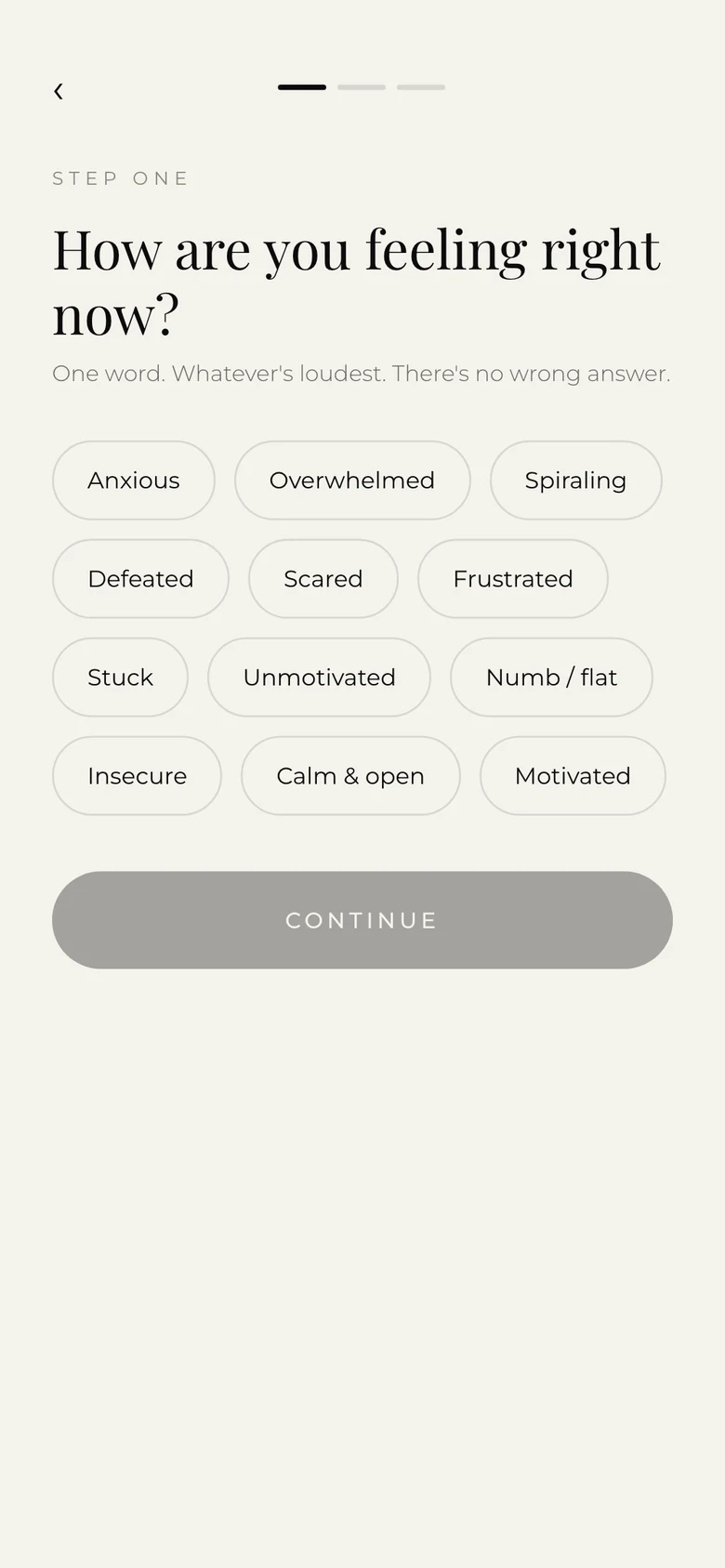 Step one in the app: How are you feeling right now, with one-word mood chips.