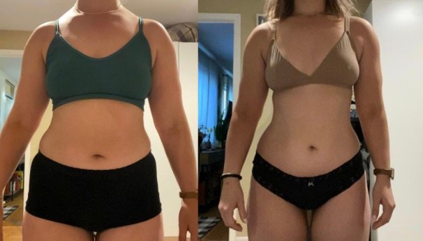Client progress photos, front view, before and after working with Ashley.